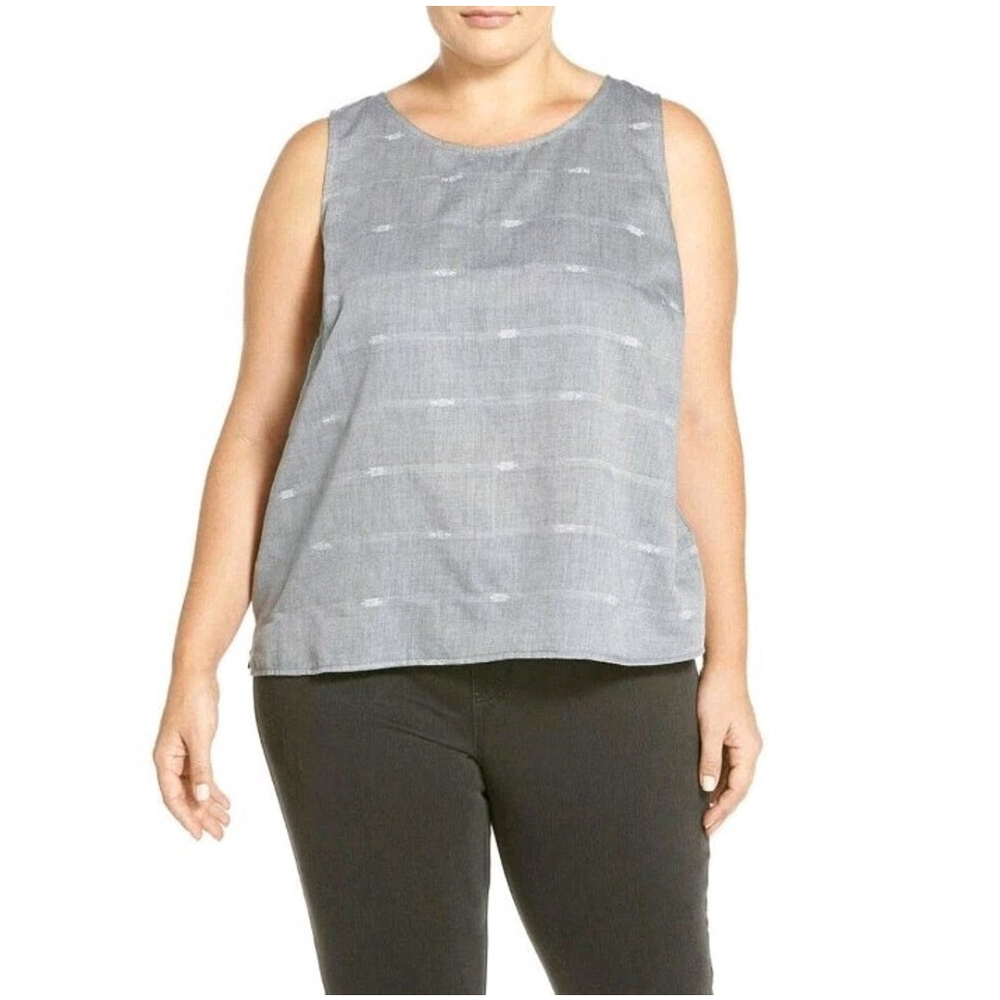 NWOT EILEEN FISHER Denim Blue Cotton Nomadic Stripe Sleeveless Shell Top XL $158